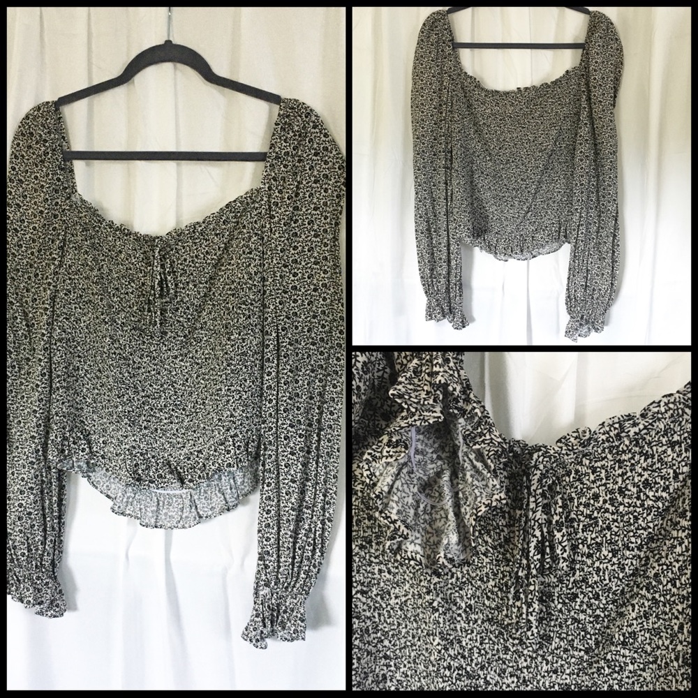 2X Black and White Floral Crop Top